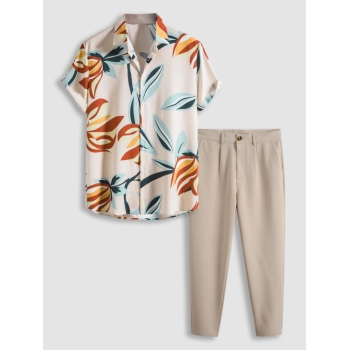 ZAFUL Men's Leaves Print Hawaii Style Shirt With Tapered Pants Two Piece Set Light coffee