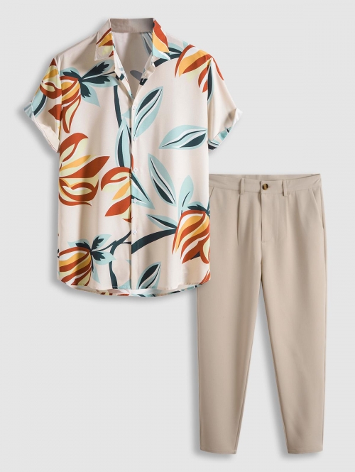 ZAFUL Men's Leaves Print Hawaii Style Shirt With Tapered Pants Two Piece Set Light coffee