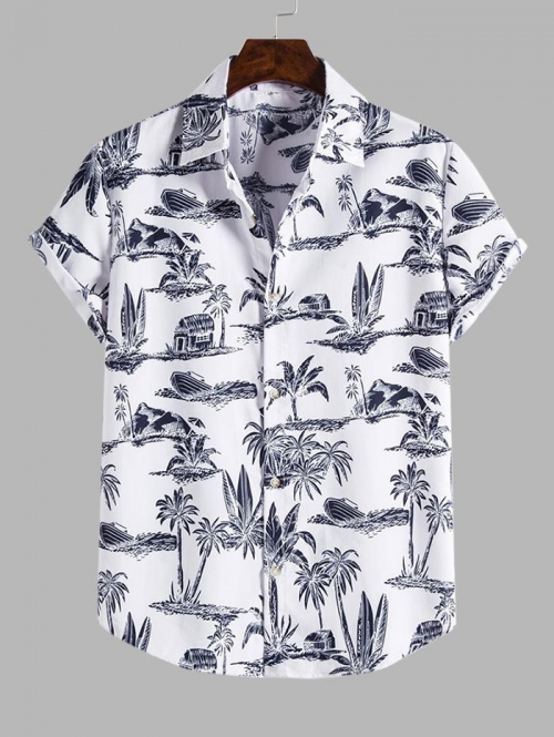 ZAFUL Men's Coconut Palm Tree Print Vacation Shirt M White