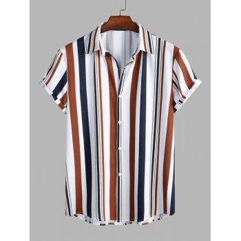 ZAFUL Men's Men's Mixed Vertical Striped Button Up Short Sleeves Summer Beach Shirt L Deep coffee