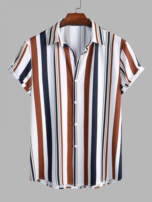 ZAFUL Men's Men's Mixed Vertical Striped Button Up Short Sleeves Summer Beach Shirt L Deep coffee