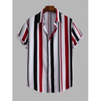 ZAFUL Men's Men's Mixed Vertical Striped Button Up Short Sleeves Summer Beach Shirt M Red