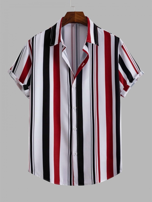 ZAFUL Men's Men's Mixed Vertical Striped Button Up Short Sleeves Summer Beach Shirt M Red