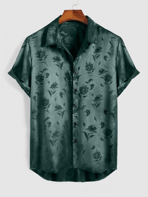 ZAFUL Men's Jacquard Silky Short Sleeve Shirt L Deep green