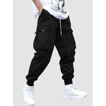 ZAFUL Men's Men's Flap Pocket Drawstring Elastic Waist Streetwear Casual Techwear Jogger Cargo Pants L Black