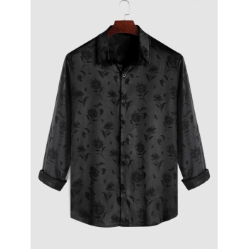 ZAFUL Men's ZAFUL Satin Rose Pattern Button Front Shirt S Black