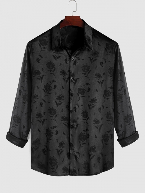 ZAFUL Men's ZAFUL Satin Rose Pattern Button Front Shirt S Black