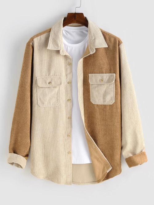 ZAFUL Men's ZAFUL Double Pocket Design Long Sleeves Colorblock Corduroy Shirt S Light coffee