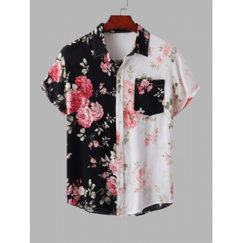 ZAFUL Men's Men's Half and Half Two Tone Floral Print Short Sleeves Beach Vacation Casual Summer Shirt M Black