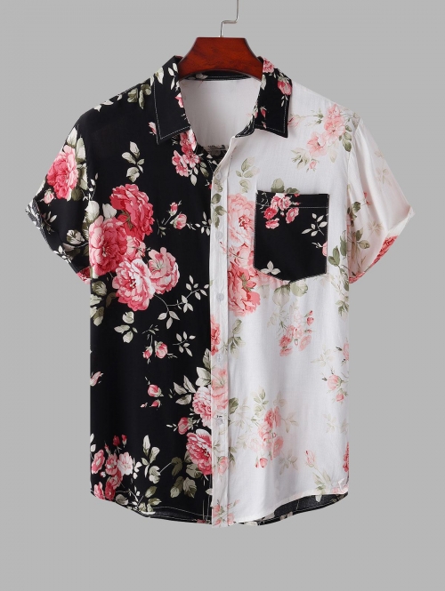 ZAFUL Men's Men's Half and Half Two Tone Floral Print Short Sleeves Beach Vacation Casual Summer Shirt M Black