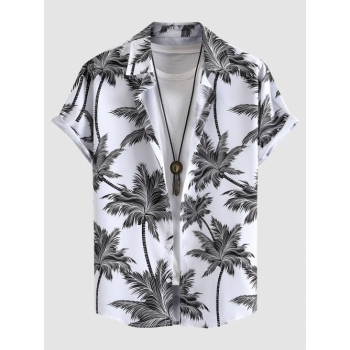 ZAFUL Men's Men's Tropical Coconut Tree Print Hawaiian Summer Casual Beach Vacation Button Short Sleeve Shirt L White