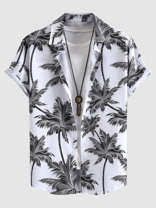 ZAFUL Men's Men's Tropical Coconut Tree Print Hawaiian Summer Casual Beach Vacation Button Short Sleeve Shirt L White