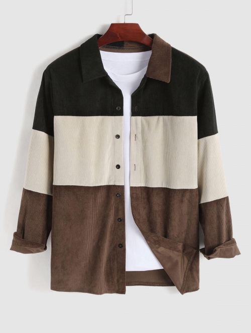 ZAFUL Men's Colorblock Corduroy Long Sleeves Shirt Xxl Deep coffee