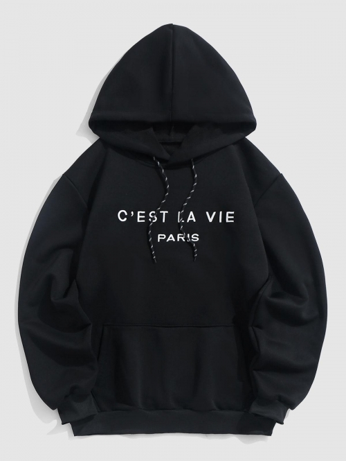 ZAFUL Men's Letter C'EST LA VIE PARIS Embroidery Essentials Hoodie L Black