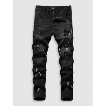 ZAFUL Men's Splatter Ripped Drippy Jeans 38 Black