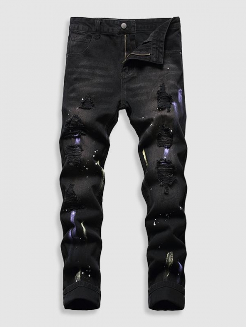 ZAFUL Men's Splatter Ripped Drippy Jeans 38 Black