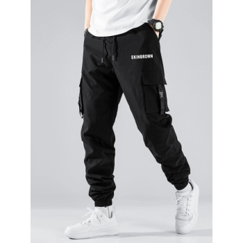 ZAFUL Men's Letter Printed Buckle Strap Multi-pocket Cargo Pants S Black