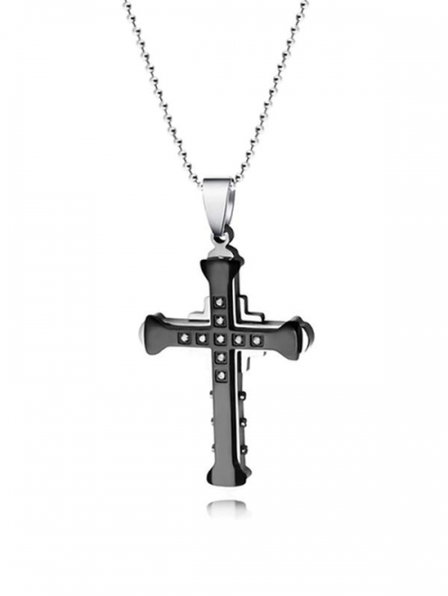 Rhinestoned Titanium Steel Men Cross Necklace