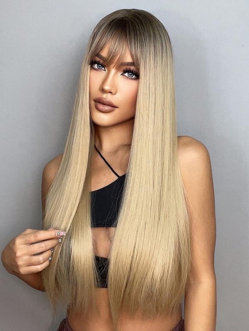 zaful Black Gradient Golden Long Straight Synthetic Wig