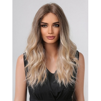 zaful Brown Gradient Gold Long Wavy T-shaped Lace Front Synthetic Wig