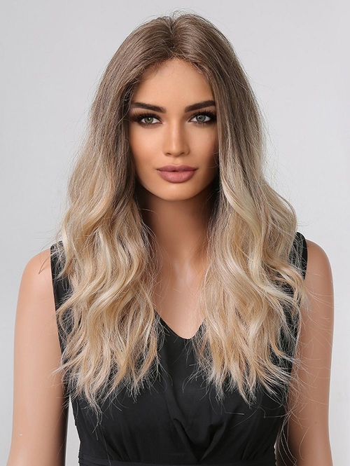 zaful Brown Gradient Gold Long Wavy T-shaped Lace Front Synthetic Wig