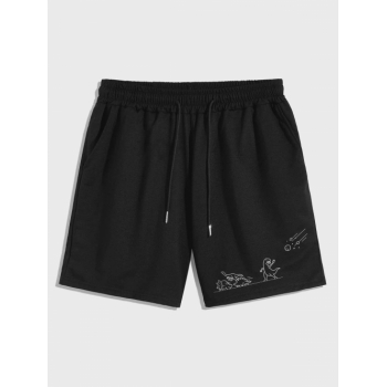 Dinosaur Print Drawstring Sweat Shorts L Black