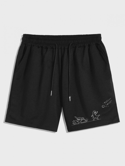 Dinosaur Print Drawstring Sweat Shorts L Black