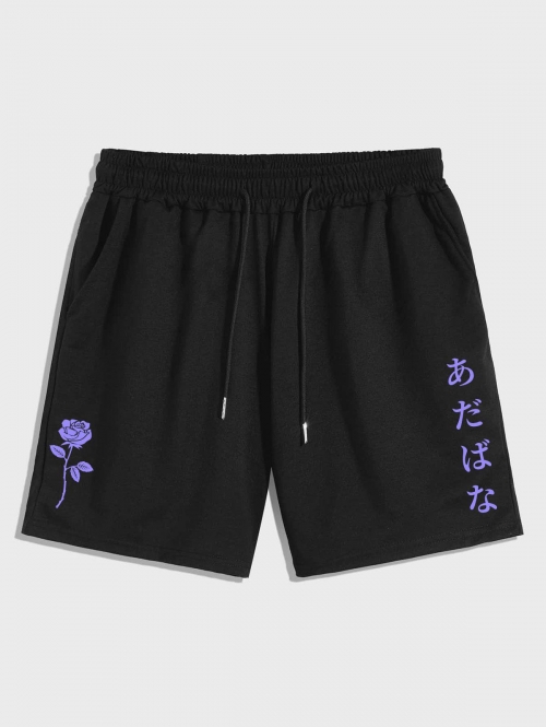 Japanese Characters Rose Print Graphic Shorts L Black