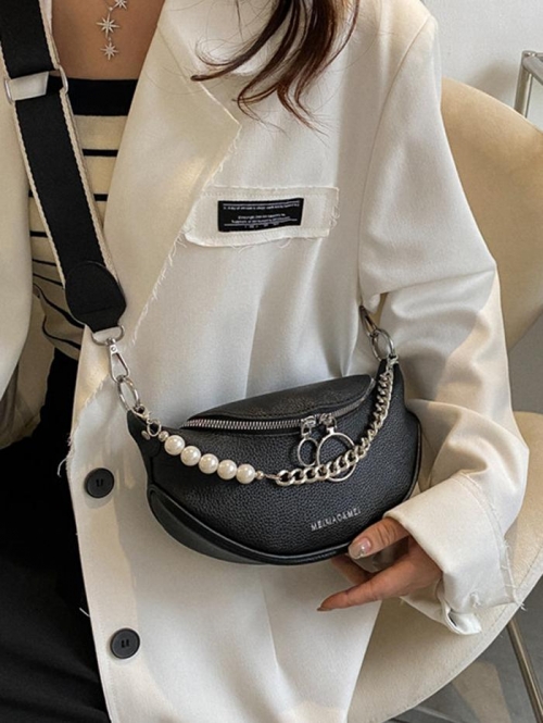 Mini Double Zipper Faux Pearl Crossbody Bag