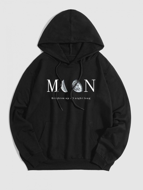 ZAFUL Men's Letter MOON Graphic Pattern Drawstring Hoodie M Black