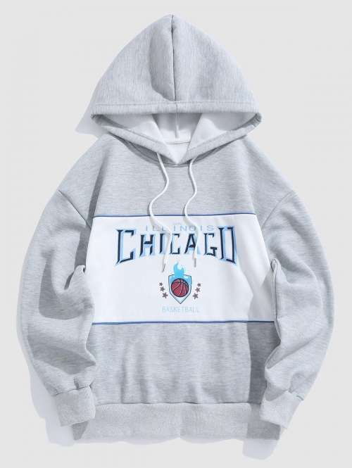 ZAFUL Men's ZAFUL Letter CHICAGO and Basketball Printed Fleece-lined Pullover Hoodie M Light gray