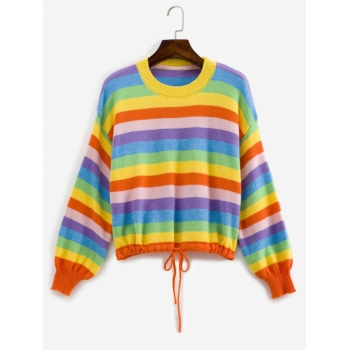 Women Drawstring Hem Lantern Sleeve Rainbow Stripes Sweater