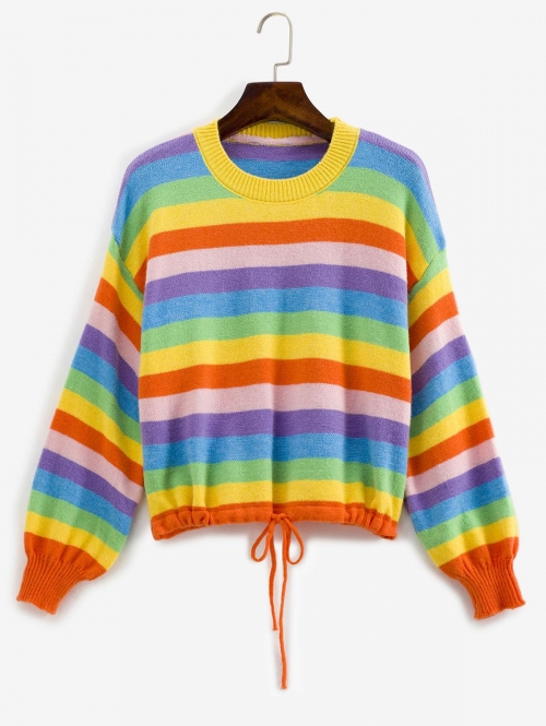 Women Drawstring Hem Lantern Sleeve Rainbow Stripes Sweater