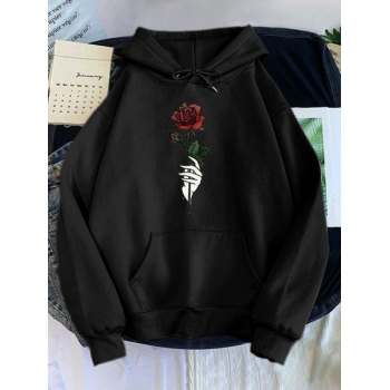 Women Hoodies Hand Rose Print Drop Shoulder Thermal Lined Hoodie M Black