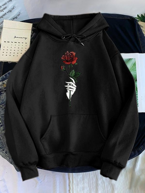 Women Hoodies Hand Rose Print Drop Shoulder Thermal Lined Hoodie M Black