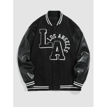 ZAFUL Men's Letter LOS ANGELES Embroidery PU Leather Spliced Baseball Varsity Jacket L Black