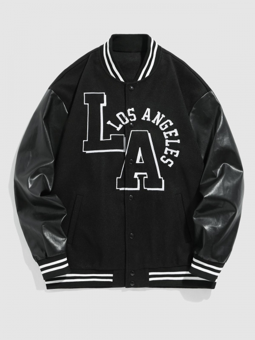 ZAFUL Men's Letter LOS ANGELES Embroidery PU Leather Spliced Baseball Varsity Jacket L Black