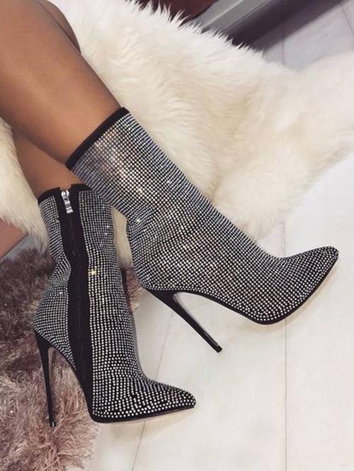 ZAFUL Women Rhinestone All Over Stiletto Heel Ankle Boots