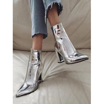 ZAFUL Women Metallic Patent Leather Chunky Heel Pointed Toe Boots