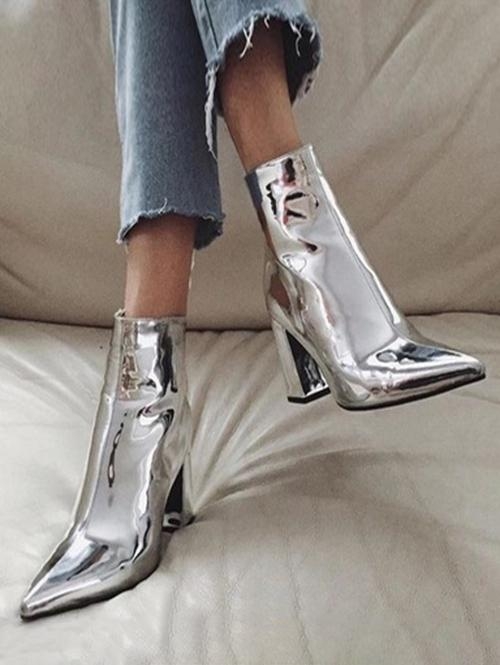 ZAFUL Women Metallic Patent Leather Chunky Heel Pointed Toe Boots