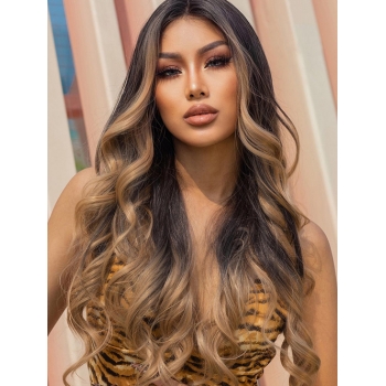 zaful Brown Ombre Golden Fluffy Long Wavy T-shaped Lace Front Synthetic Wig