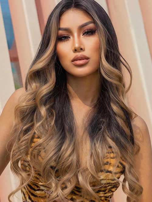 zaful Brown Ombre Golden Fluffy Long Wavy T-shaped Lace Front Synthetic Wig