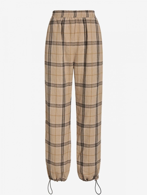 ZAFUL Plaid Toggle Drawstring Hem Straight Pants S Light coffee