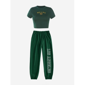 Letter Embroidered T Shirt and LOS ANGELES Graphic Jogger Pants Set Green