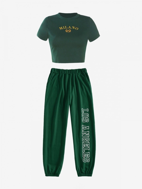 Letter Embroidered T Shirt and LOS ANGELES Graphic Jogger Pants Set Green