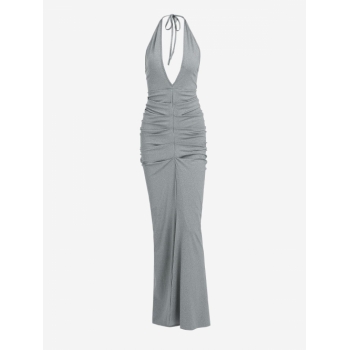 Maxi Halter Plunge Front Ruched Backless Maxi Dress S Gray