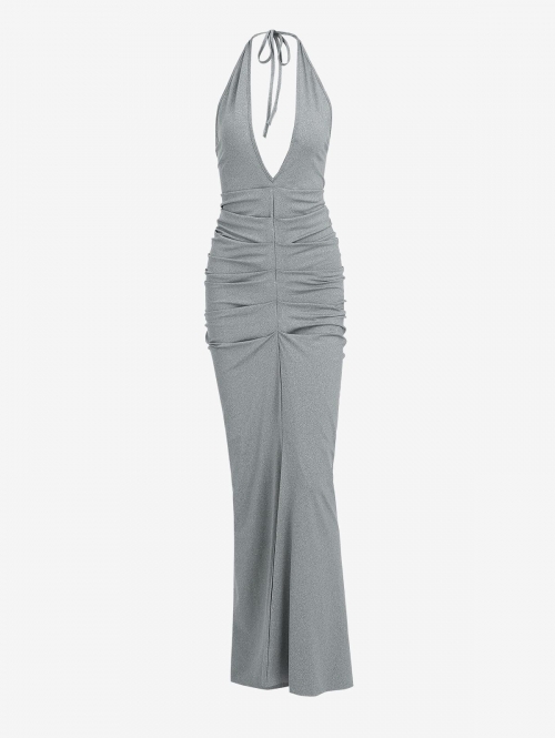 Maxi Halter Plunge Front Ruched Backless Maxi Dress S Gray