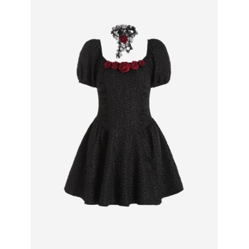 Mini Dress Jacquard Rose Applique Choker Halloween Dress S Black