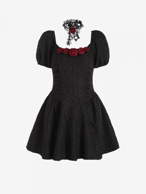 Mini Dress Jacquard Rose Applique Choker Halloween Dress S Black