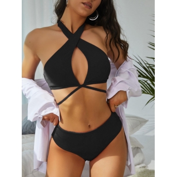 Fashion Women Tankinis ZAFUL Ribbed Halter High Waisted Tankini Swimwear Xxl Black